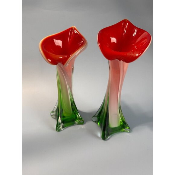 Pair Of Vintage Murano Jack In The Pulpit Calla Lily Vases Italy 8" & 9" - Picture 2 of 9